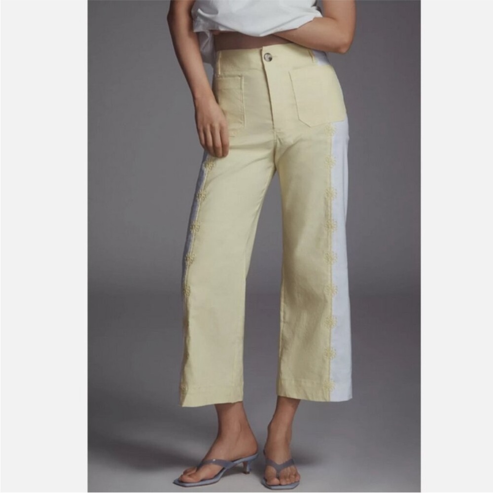 Anthropologie Maeve Colette embroidered crop wide leg pants yellow Floral 27 NEW